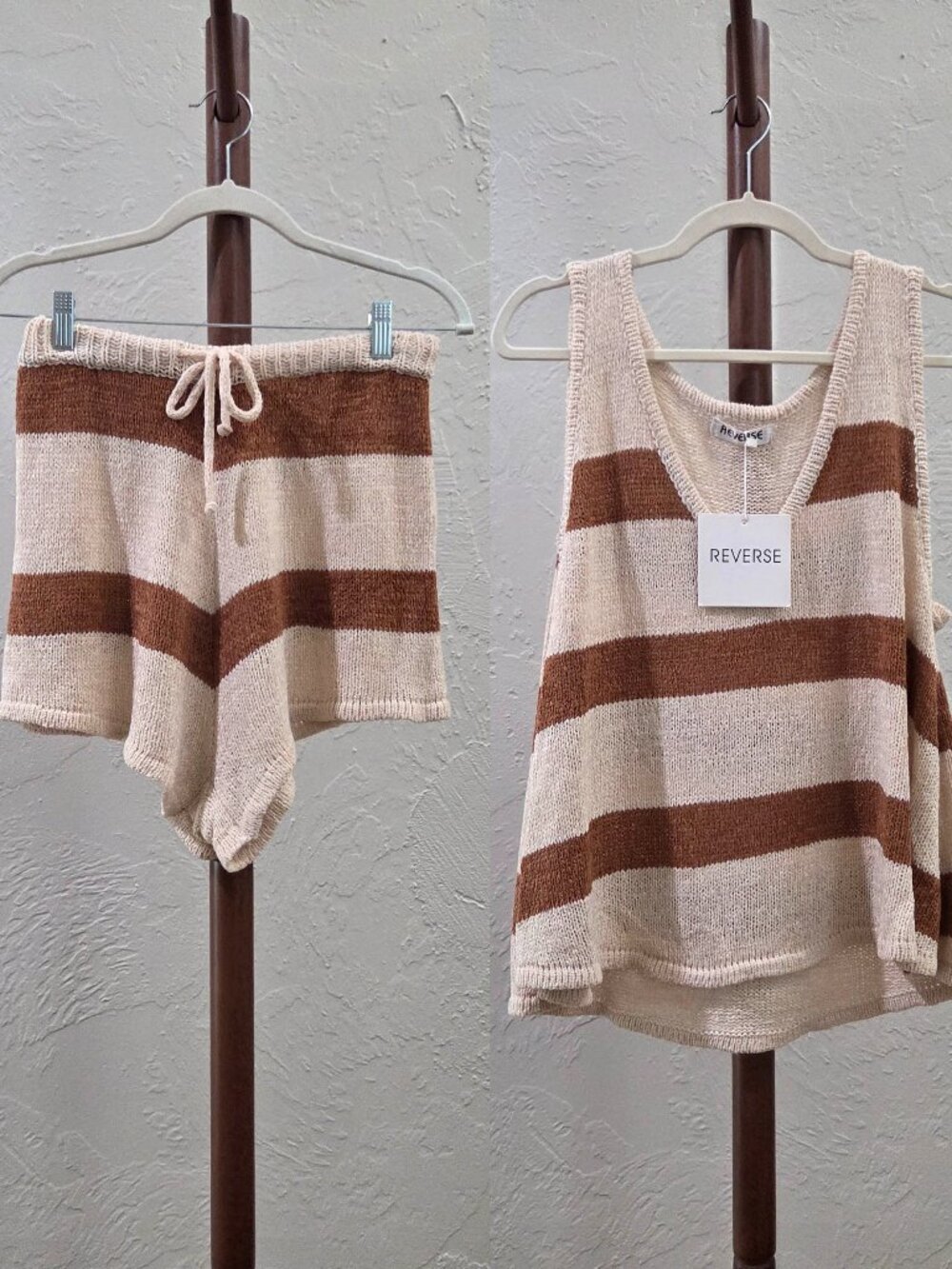 Stripe Open Knit Top And Shorts Set‎